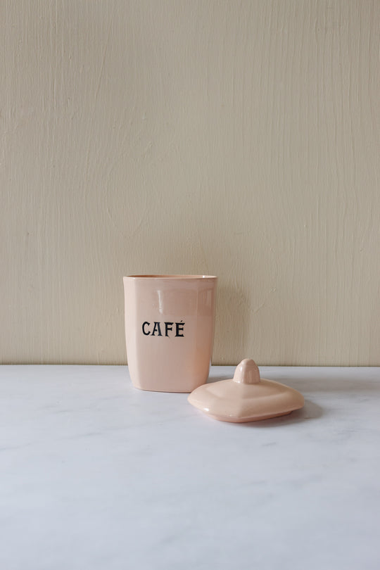 rare midcentury french blush pink ironstone storage pots, set of 4