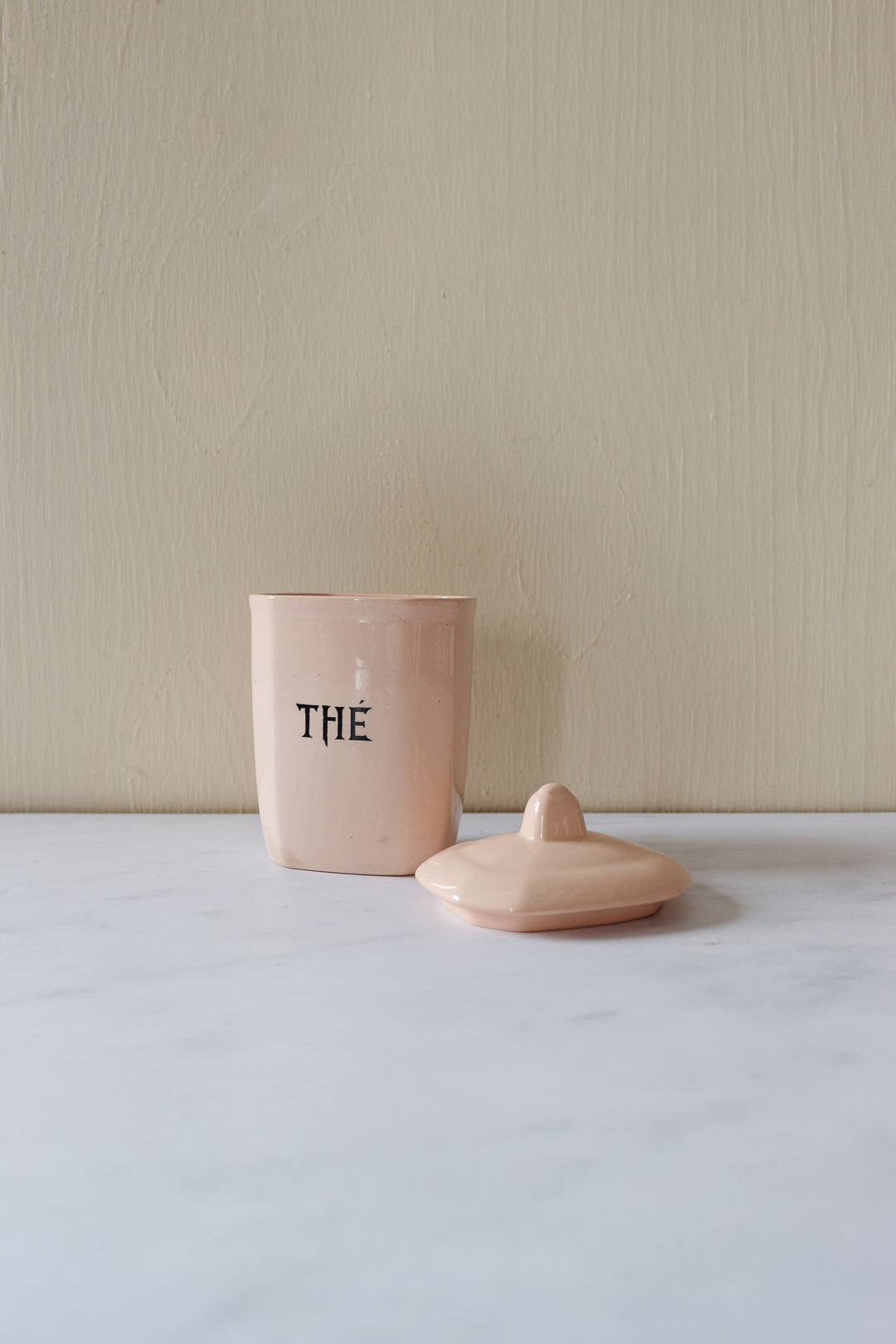 rare midcentury french blush pink ironstone storage pots, set of 4