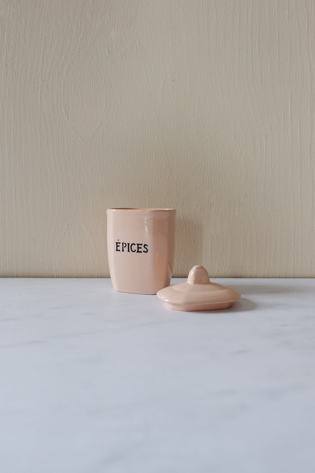 rare midcentury french blush pink ironstone storage pots, set of 4