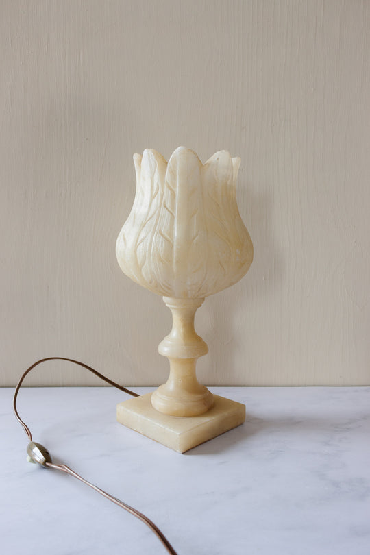 vintage French solid carved alabaster tulip lamp