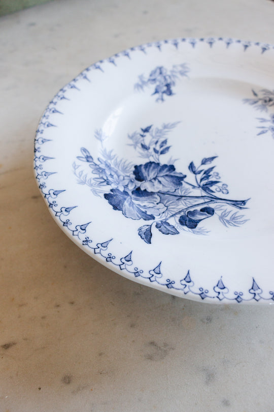 antique french Sarreguemines transferware footed cake plate