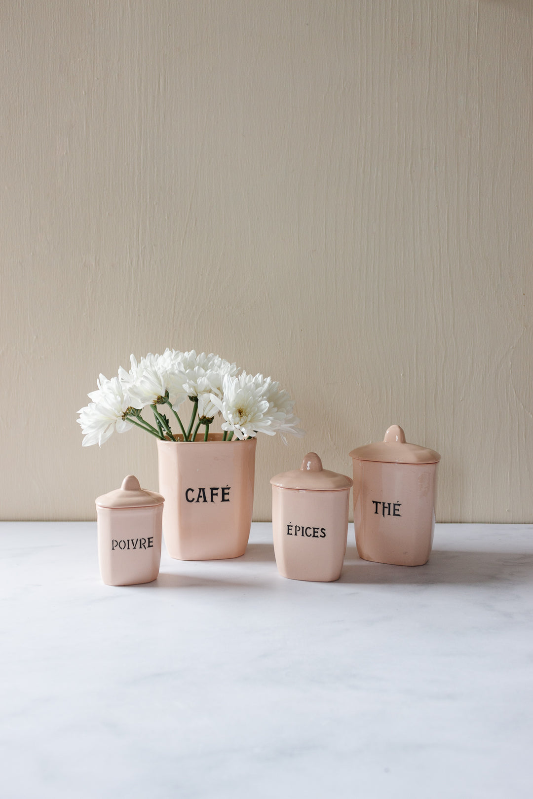 rare midcentury french blush pink ironstone storage pots, set of 4