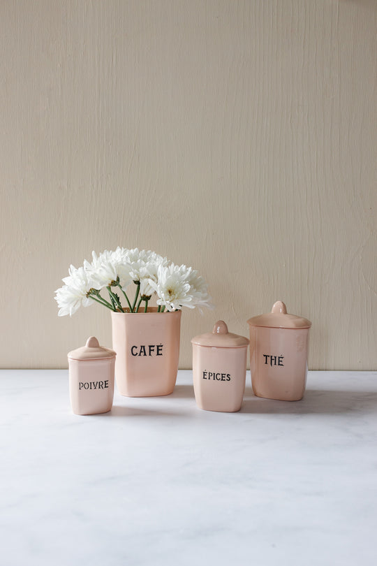 rare midcentury french blush pink ironstone storage pots, set of 4