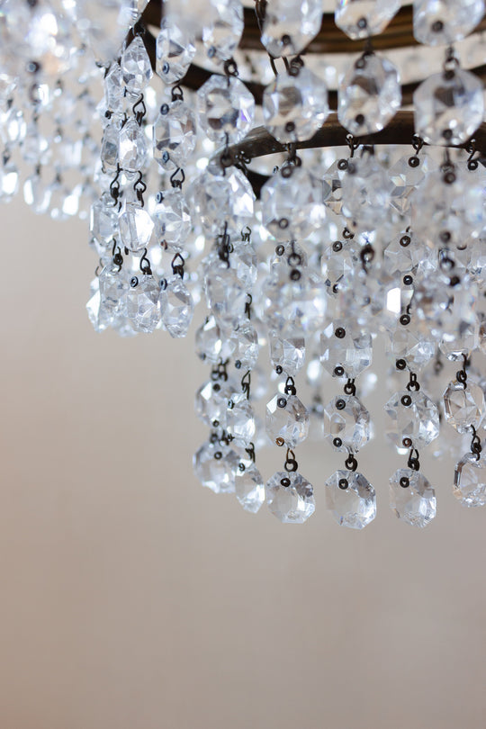 1950s French brass and crystal waterfall chandelier