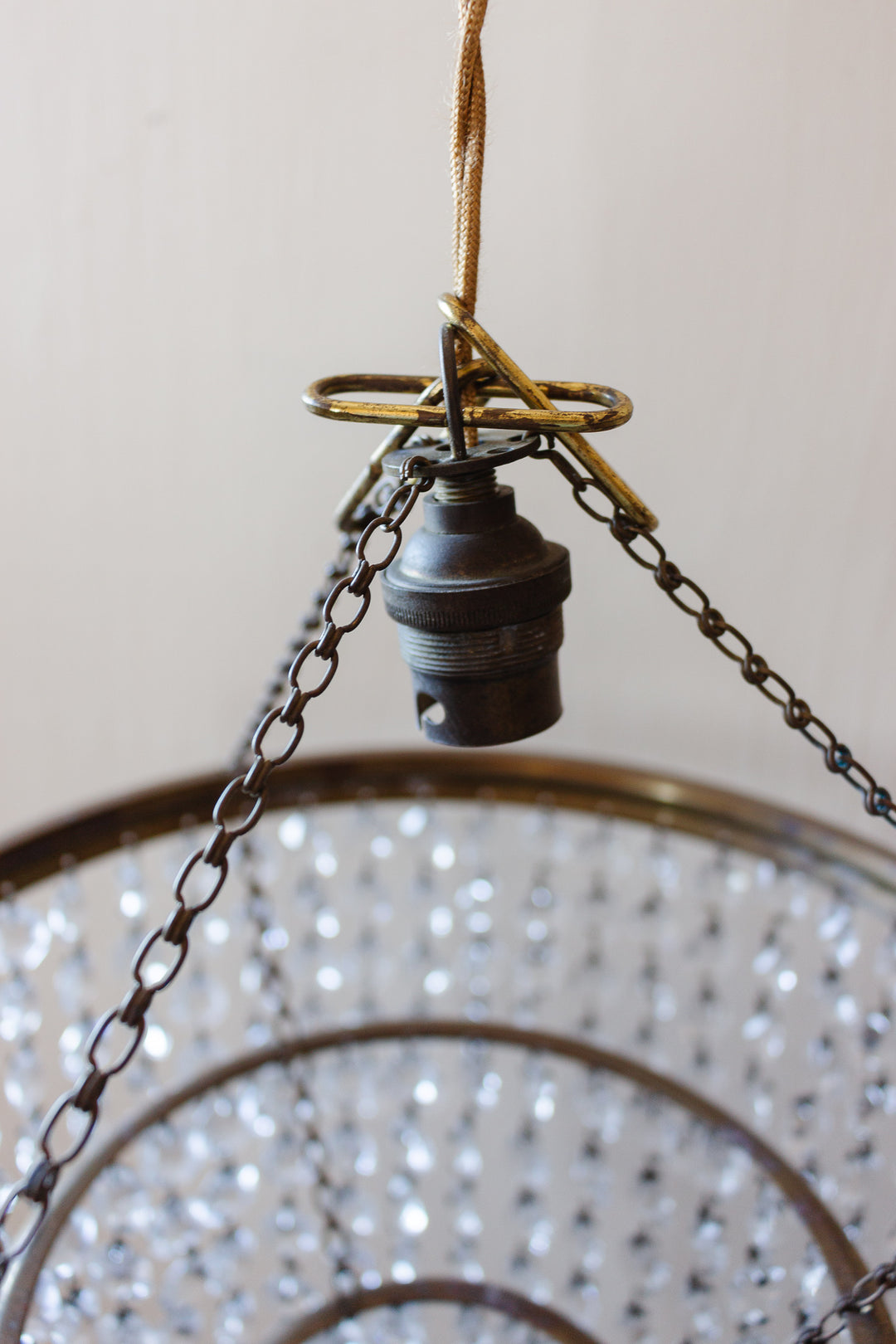 1950s French brass and crystal waterfall chandelier