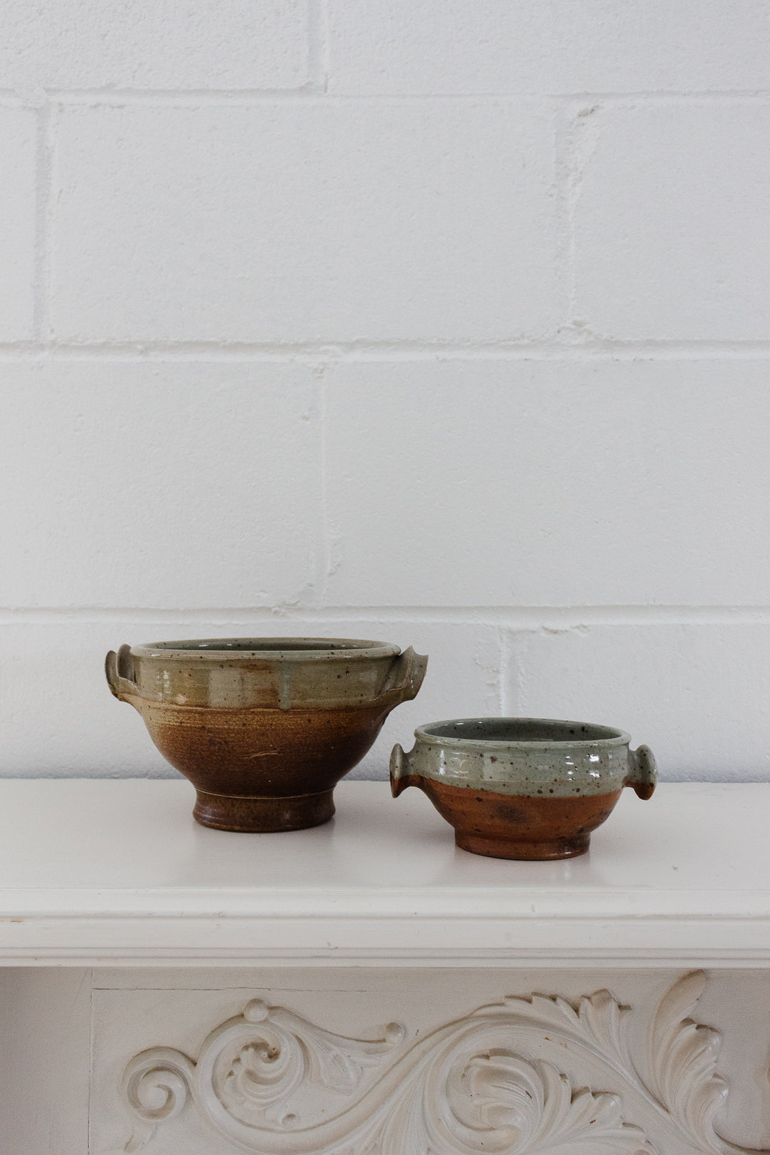 midcentury French studio pottery footed strainer bowl