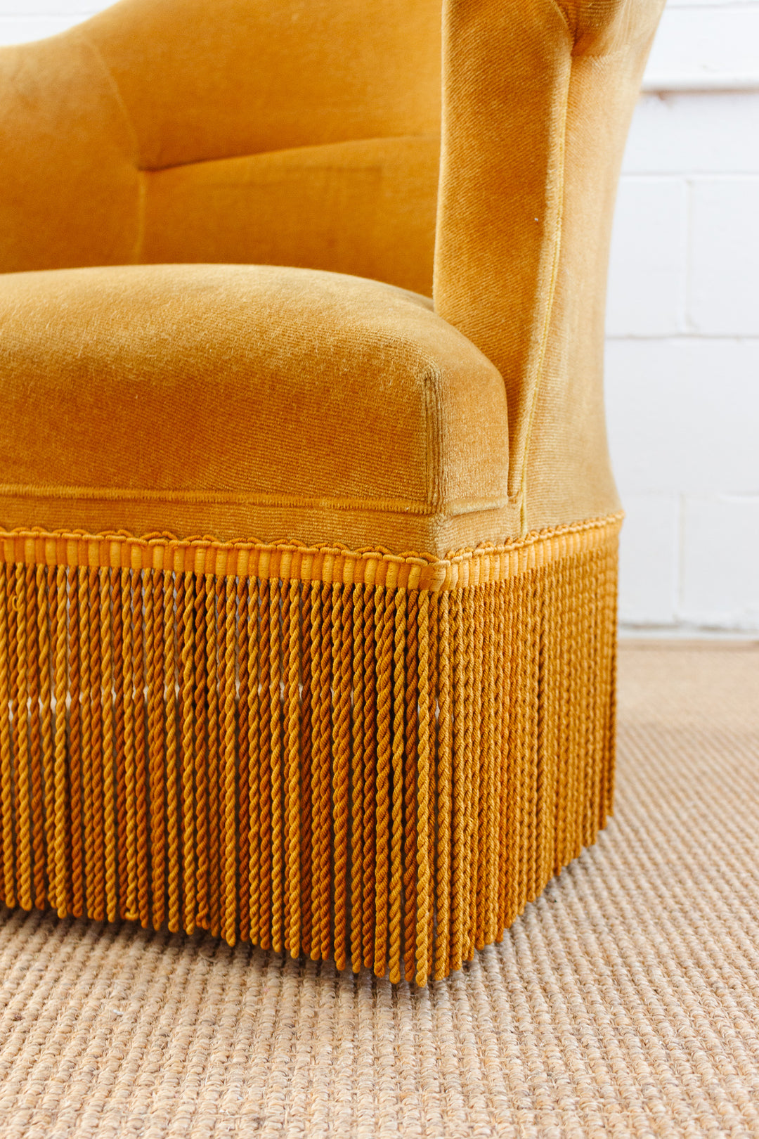 pair of matching vintage french mustard crapaud chairs