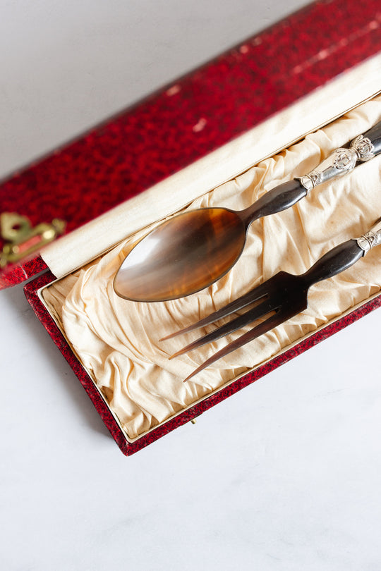 rare antique french horn & ebony serving set