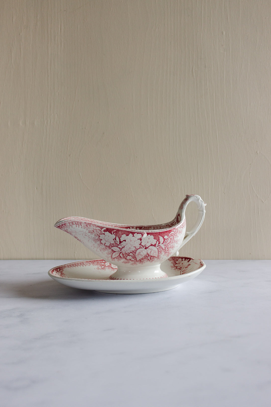 antique Sarreguemines pink transferware gravy boat