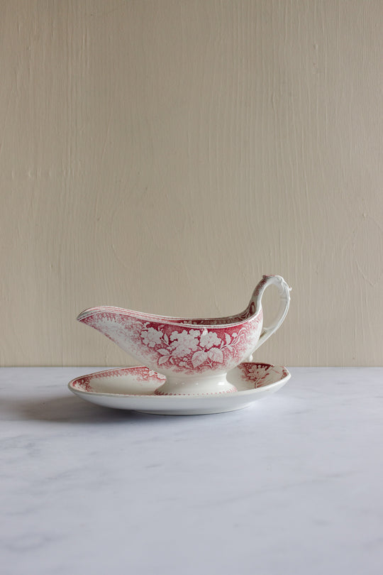 antique Sarreguemines pink transferware gravy boat