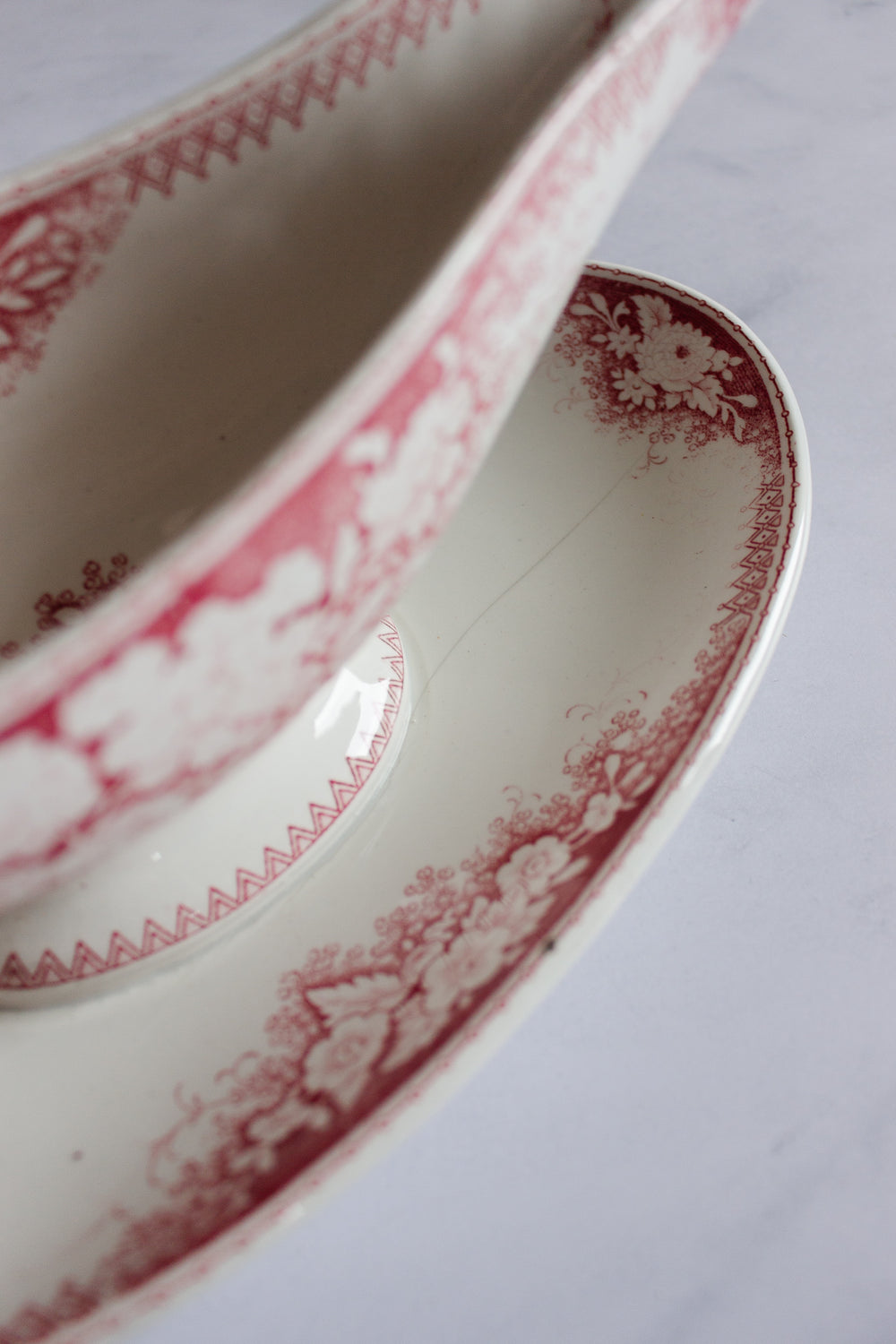 antique Sarreguemines pink transferware gravy boat