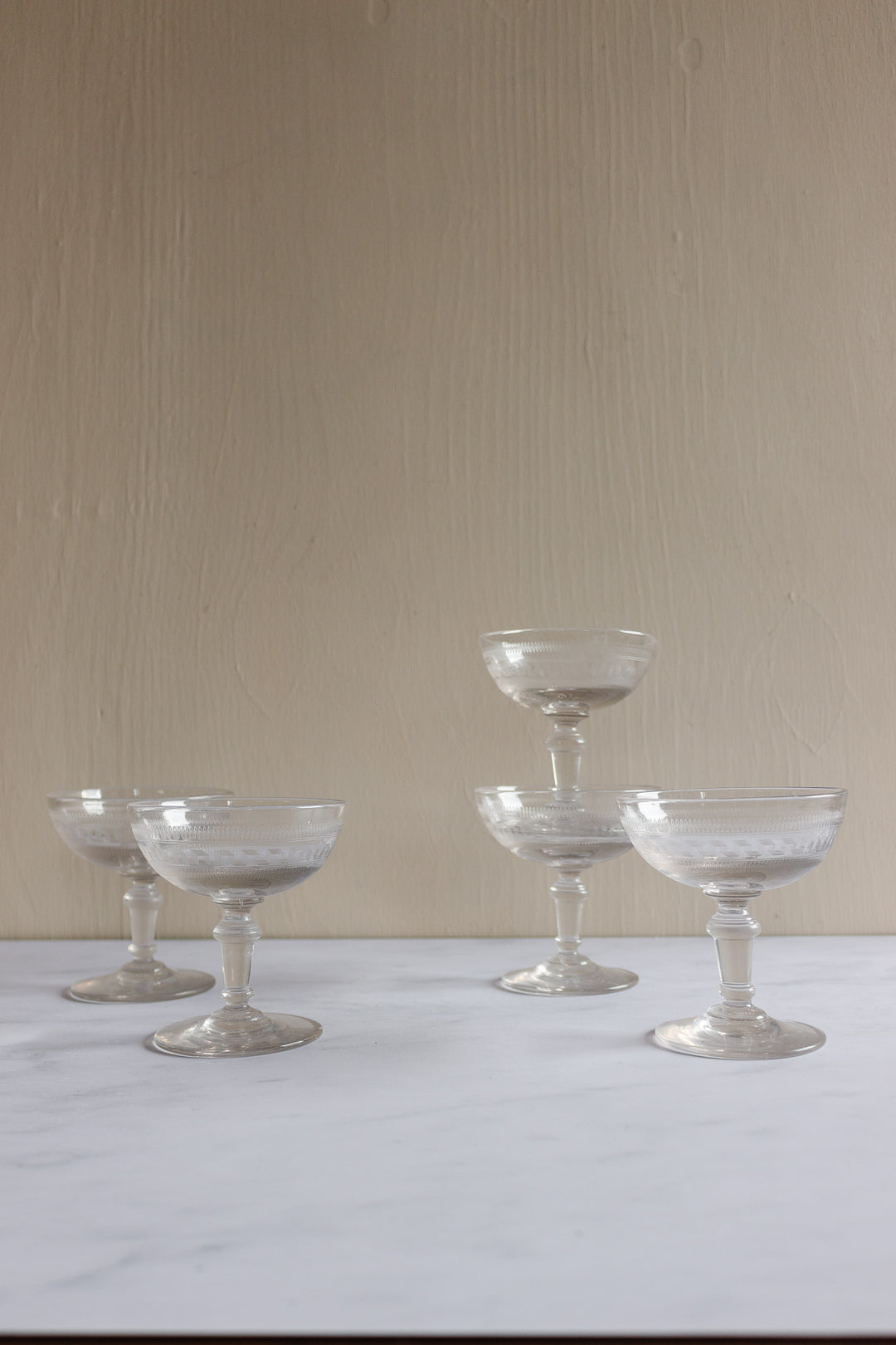 antique French etched handblown glass champagne coupes, set of 6