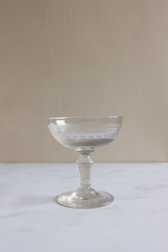 antique French etched handblown glass champagne coupes, set of 6