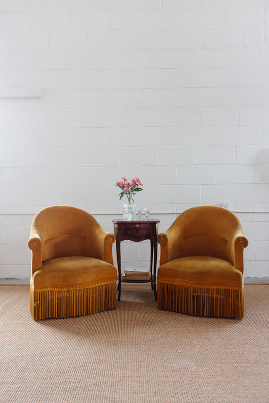 pair of matching vintage french mustard crapaud chairs