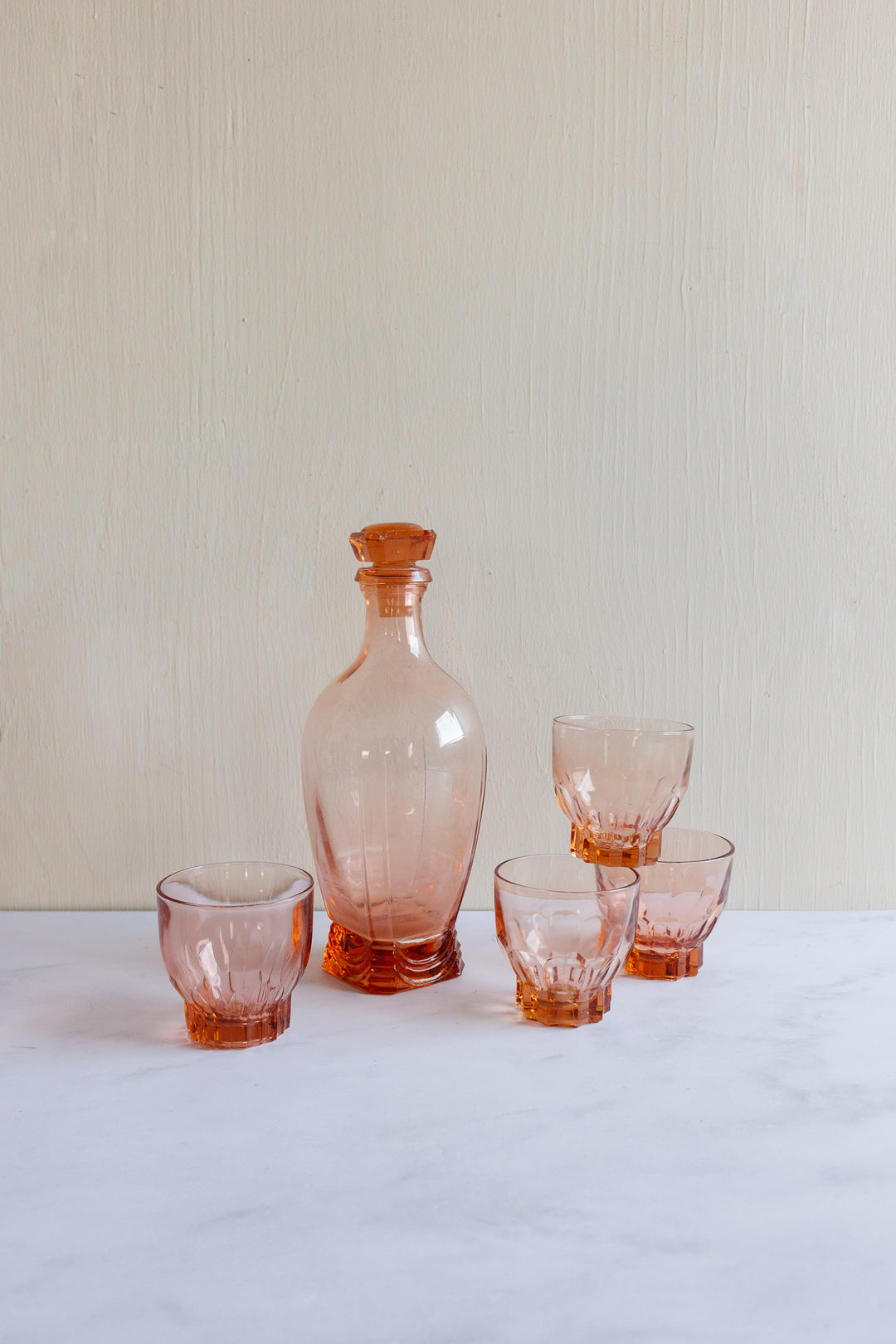 1950s French pink glass decanter and cups