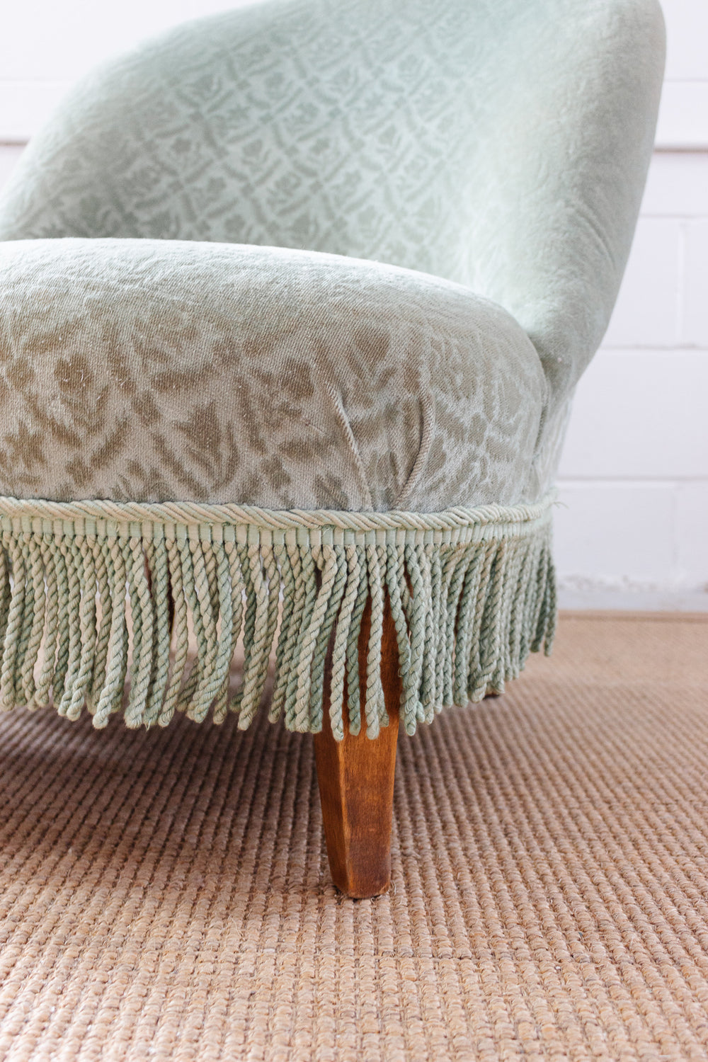 antique french sage jacquard velvet crapaud chair