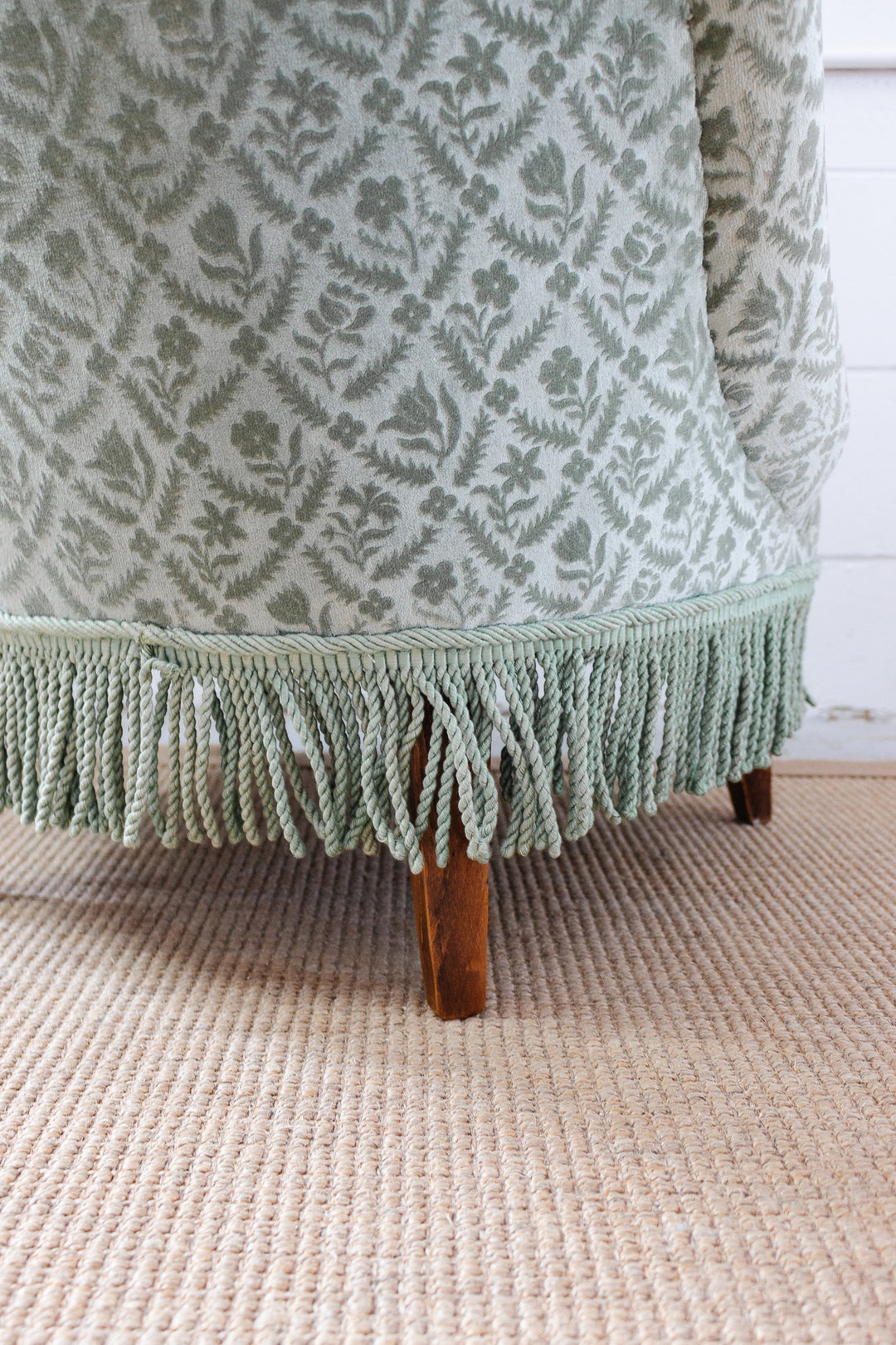 antique french sage jacquard velvet crapaud chair