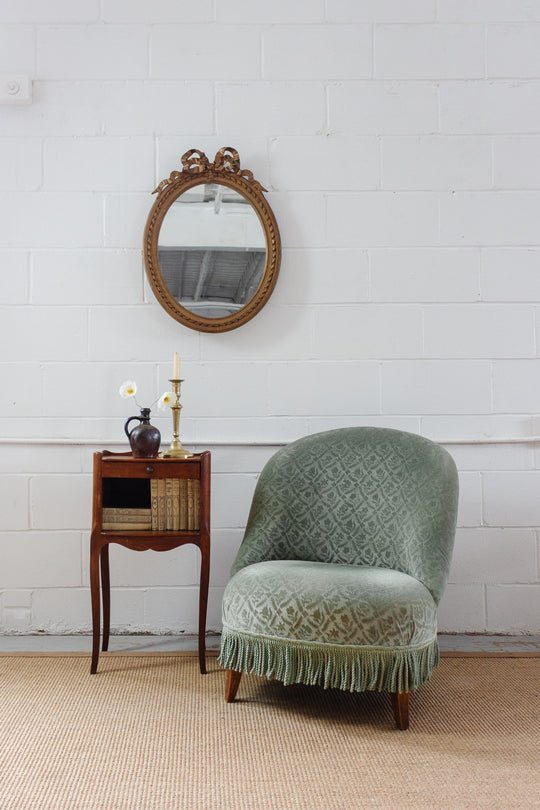 antique french sage jacquard velvet crapaud chair