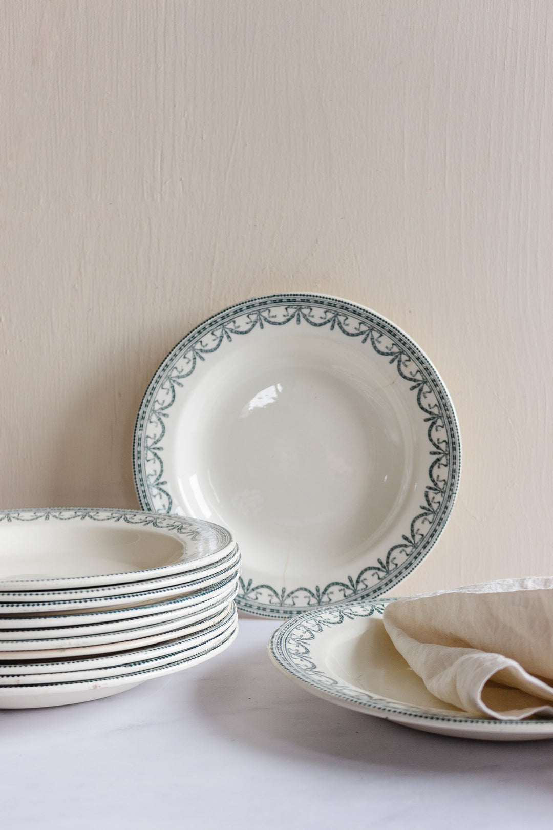 antique french transferware "guirlandes L. XVI" bowls, set of 12