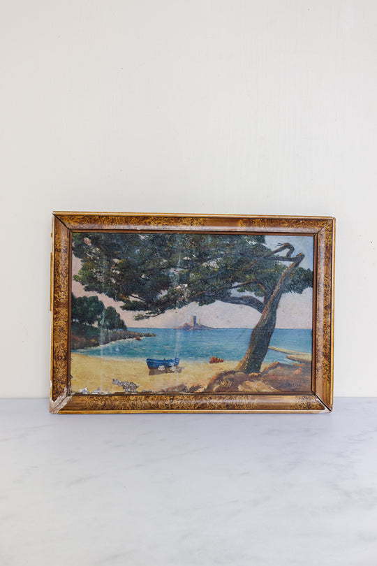 antique French oil on board painting with faux tortoise frame