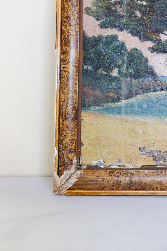 antique French oil on board painting with faux tortoise frame