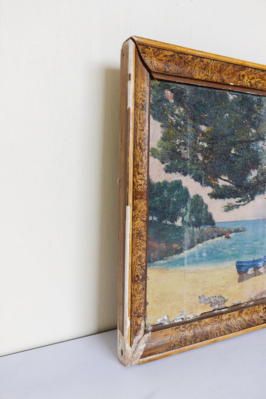 antique French oil on board painting with faux tortoise frame