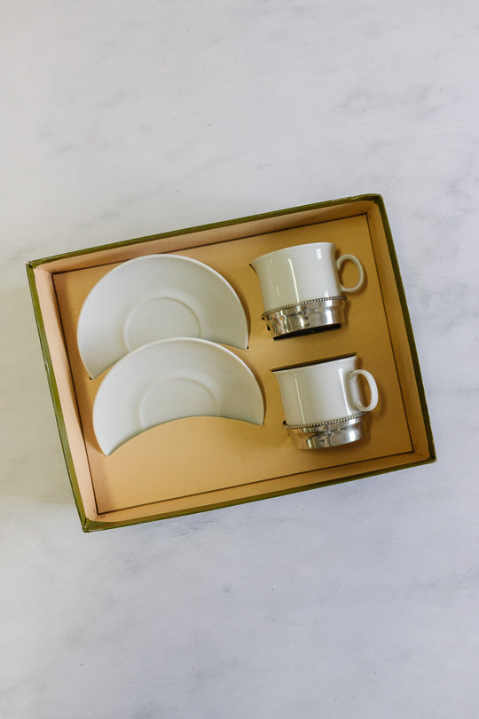 vintage Christofle silver & porcelain boxed demitasse cup set