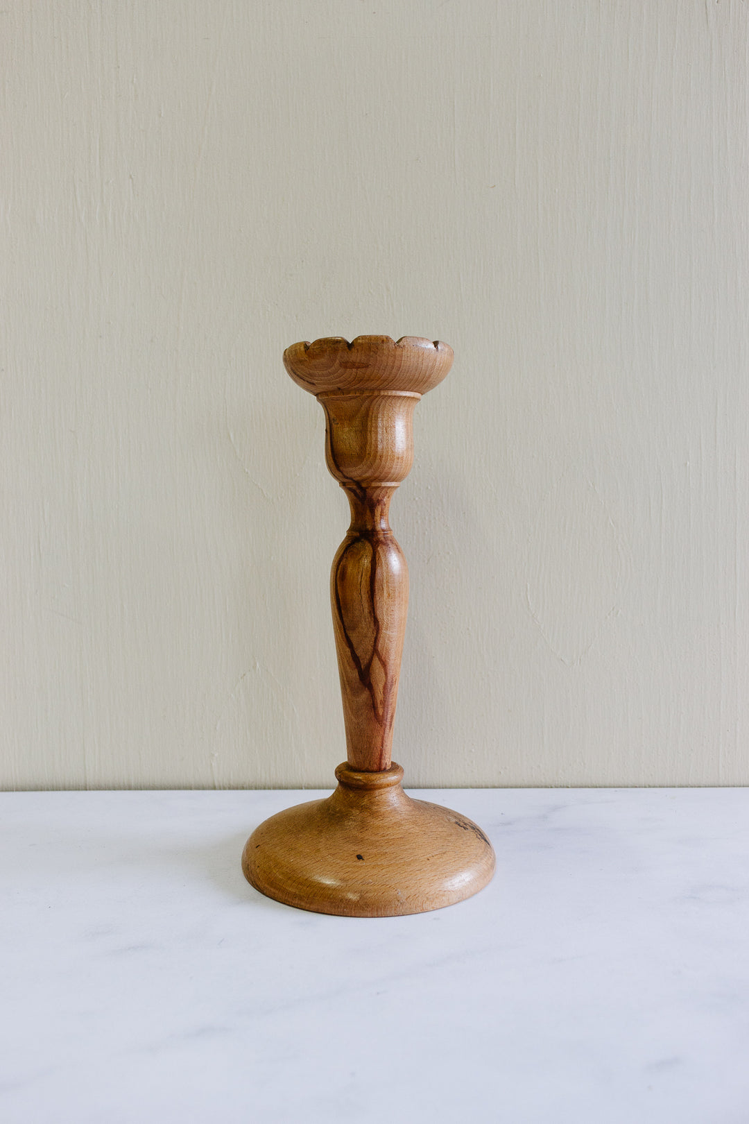 midcentury French turned fruitwood candlesticks, set of two