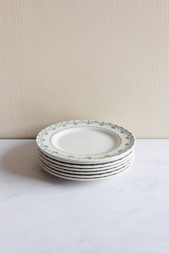 vintage French transferware dinner plates, matching set of 7