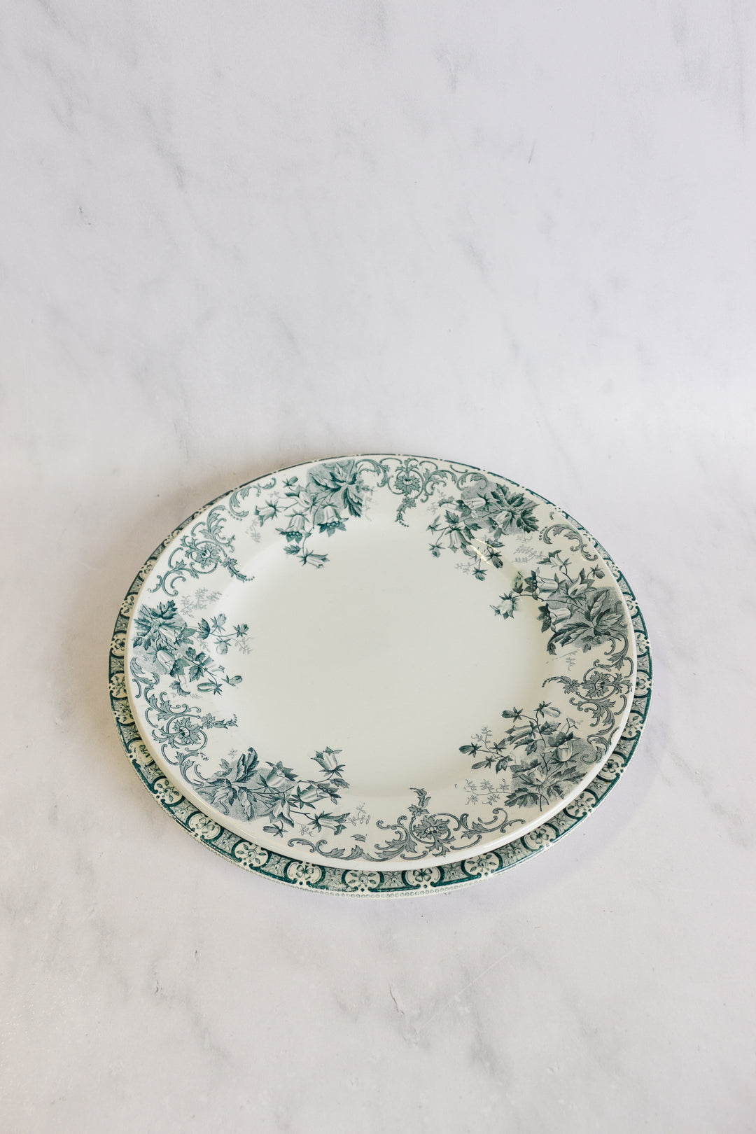 antique French transferware serving plates, set of two