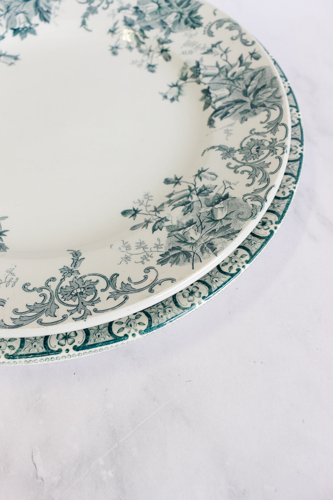 antique French transferware serving plates, set of two