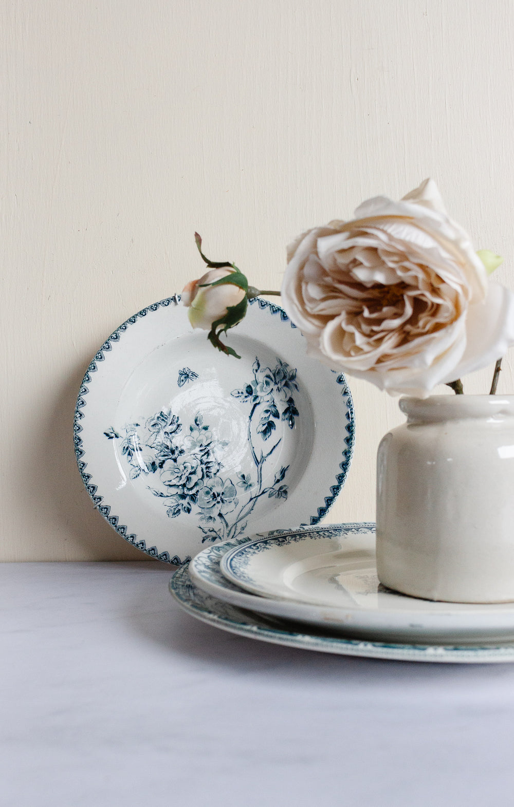 antique French transferware creuse plate set with display