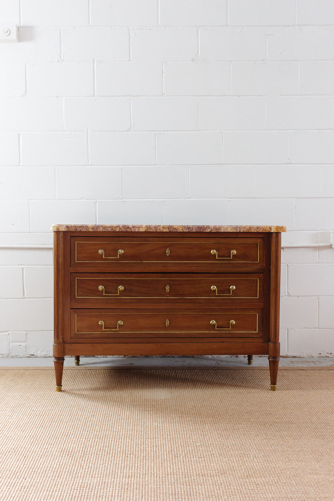 midcentury French Louis XVI style mahogany and marble top commode