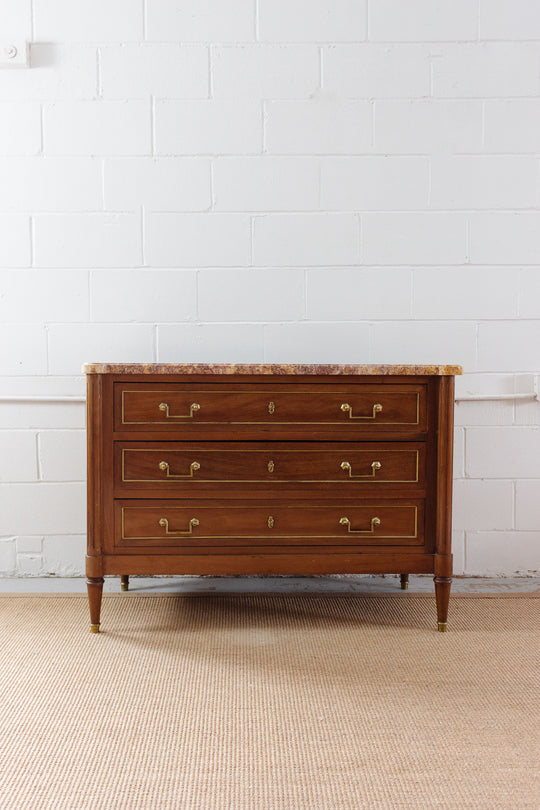 midcentury French Louis XVI style mahogany and marble top commode