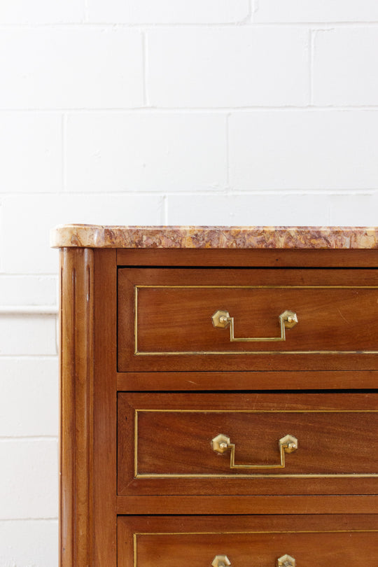 midcentury French Louis XVI style mahogany and marble top commode