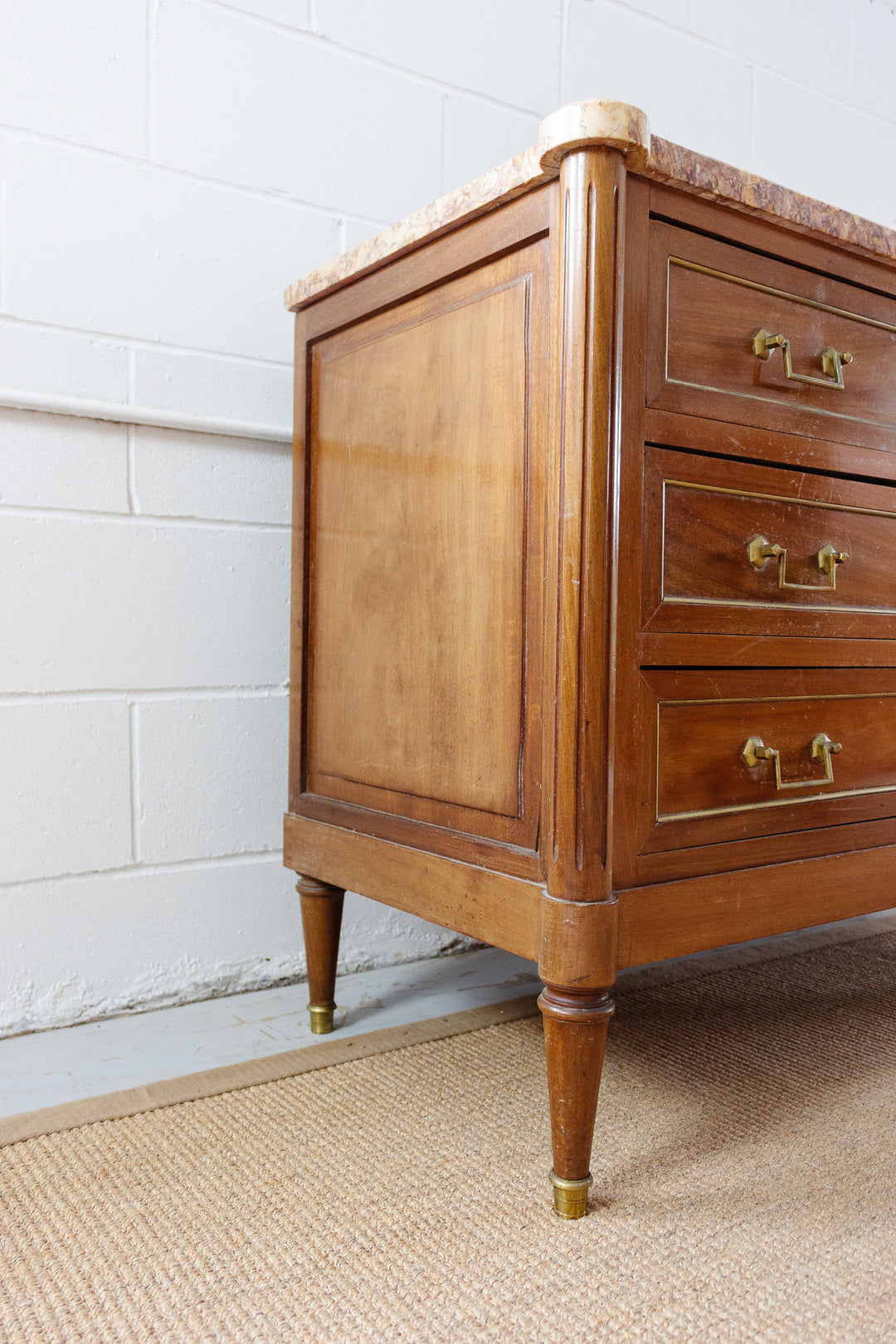 midcentury French Louis XVI style mahogany and marble top commode
