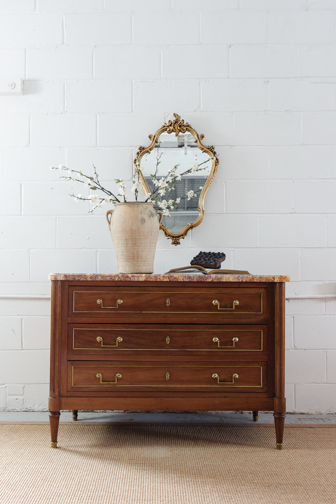 midcentury French Louis XVI style mahogany and marble top commode