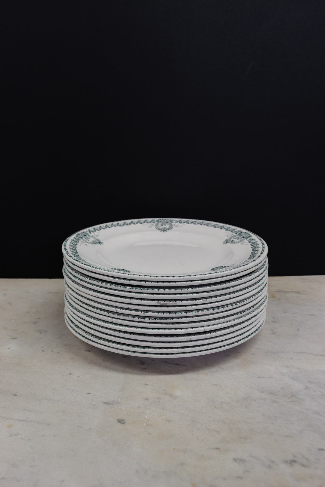 antique French ironstone transferware dinner plates, matching set of 4