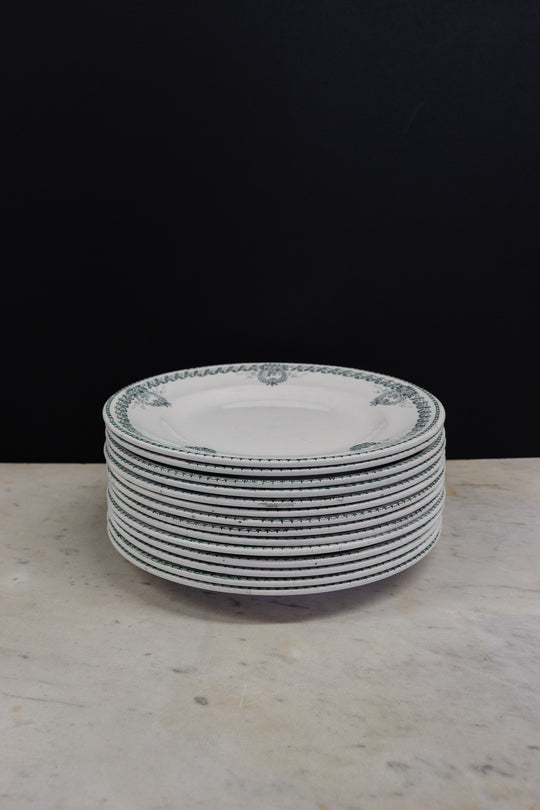antique French ironstone transferware dinner plates, matching set of 4