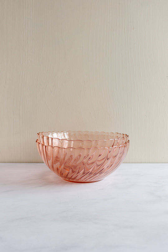 vintage French medium pink glass serving bowls, set of two