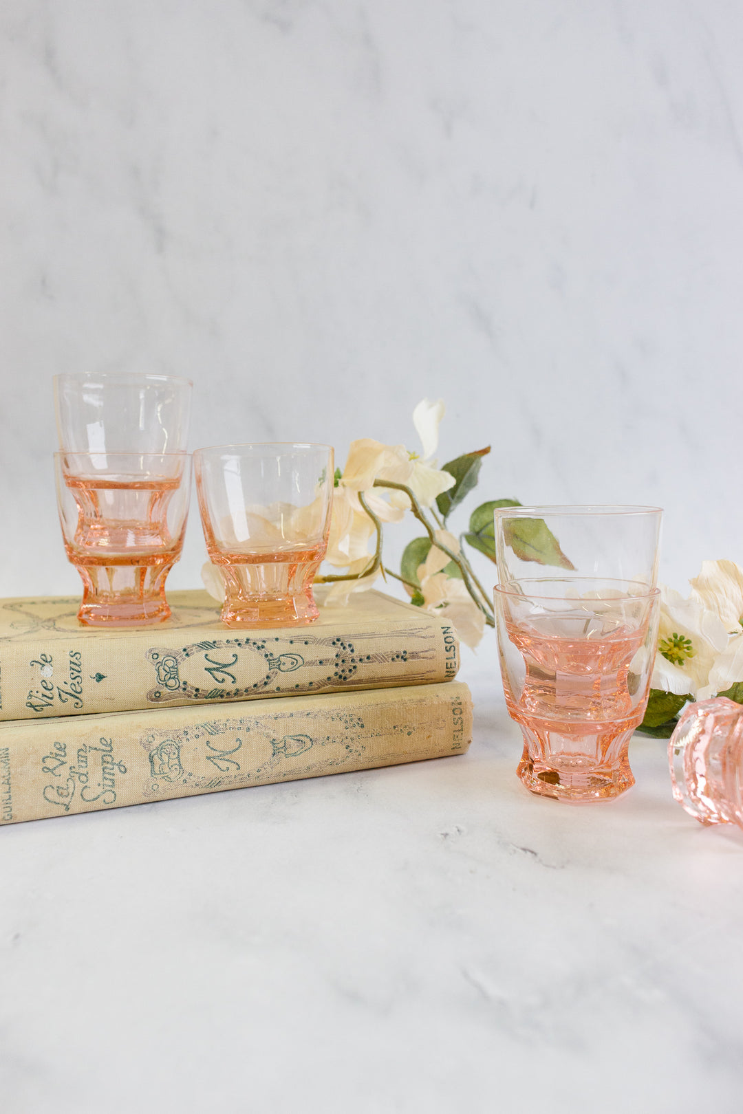 vintage French pink glass petite glasses, set of 6