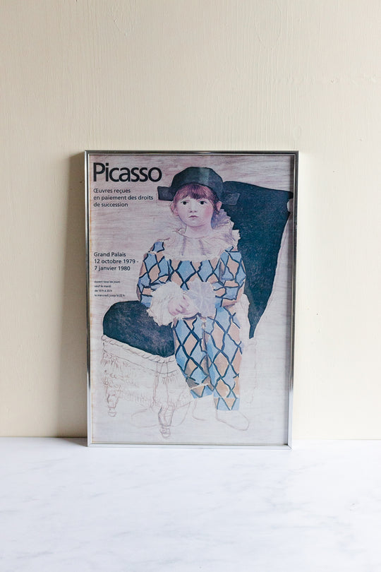 vintage French framed Picasso exhibition poster (“Paolo as Harlequin”)