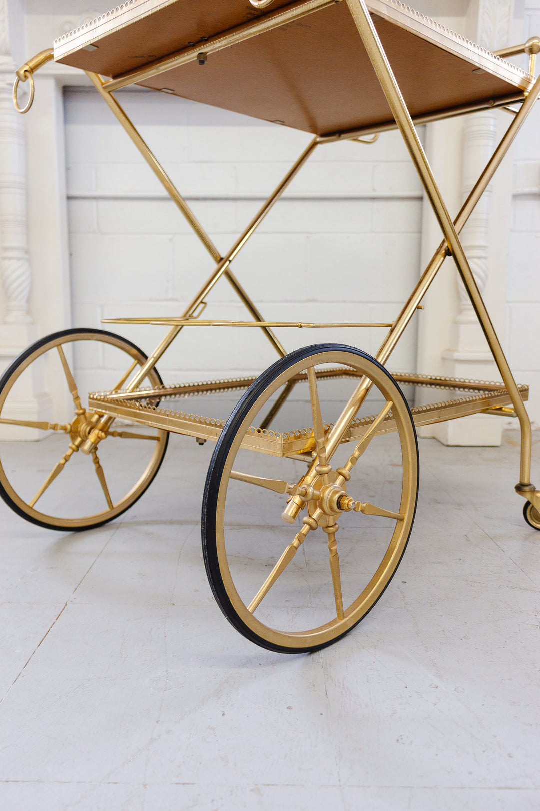 1970s French brass and smoky glass bar cart