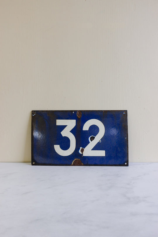 vintage French enamel house number sign, "32"