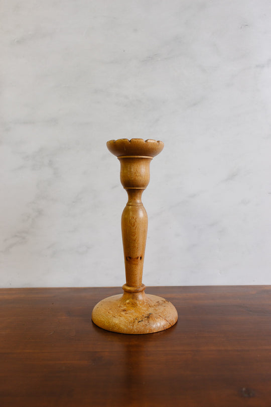 vintage French turned fruitwood scalloped edge candlesticks