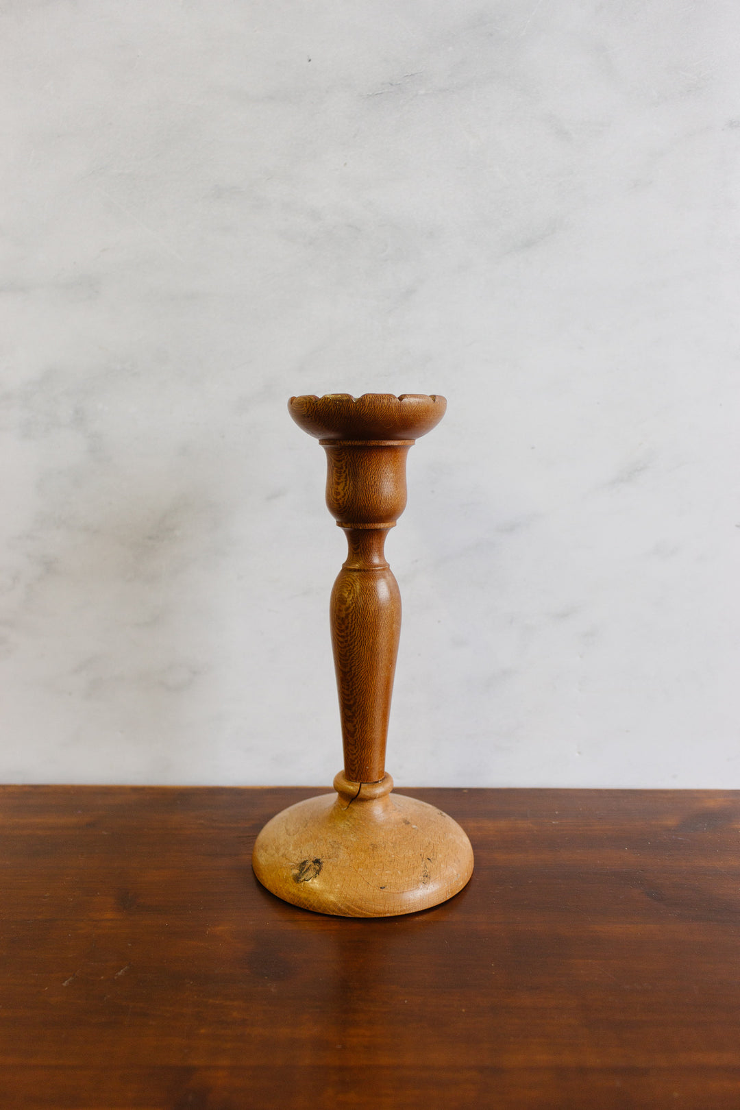 vintage French turned fruitwood scalloped edge candlesticks