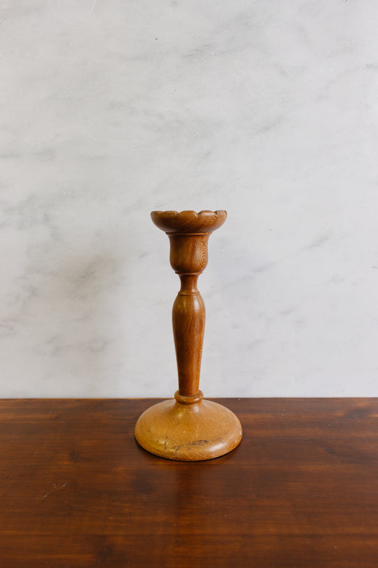 vintage French turned fruitwood scalloped edge candlesticks