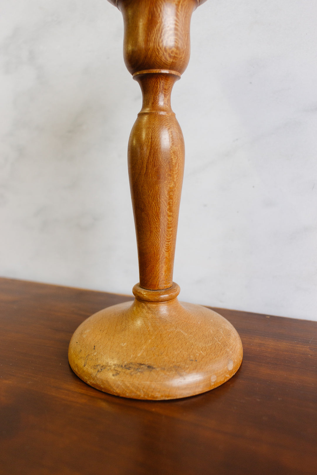 vintage French turned fruitwood scalloped edge candlesticks