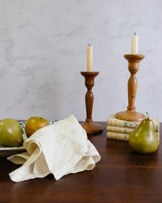 vintage French turned fruitwood scalloped edge candlesticks