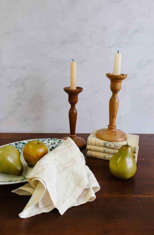 vintage French turned fruitwood scalloped edge candlesticks